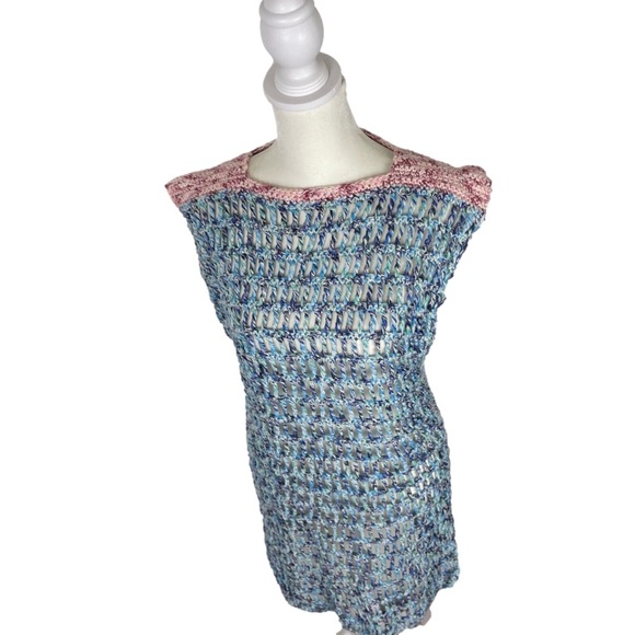 Hand Knit Bohemian Crochet Dress Cover Up Blue Pink Size Small Medium - Picture 4 of 8